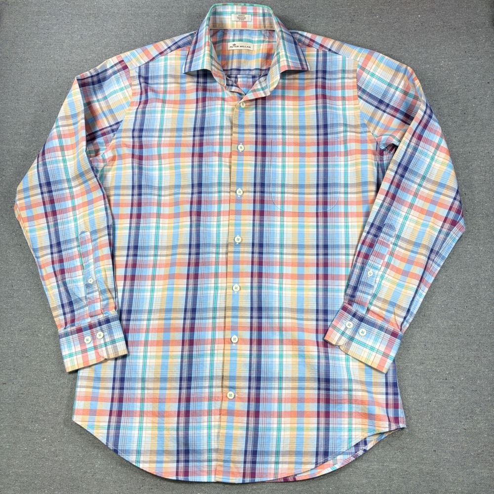 Peter Millar Button Down Shirt Mens Medium M Multi Plaid Long Sleeve Cotton